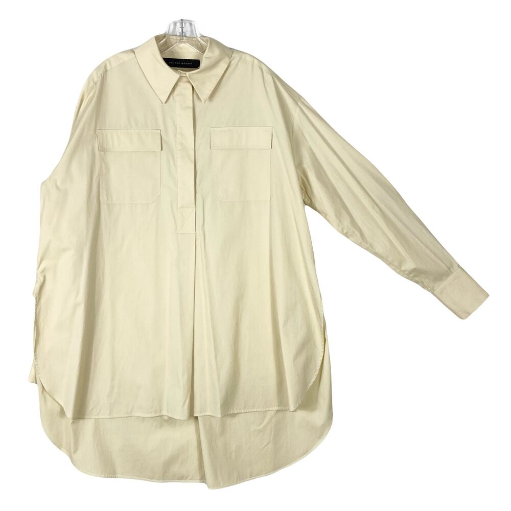 NWOT ROLAND MOURET Shirt Dress Tunic 8 Oversized Cream Pleated High-Low CurveHem